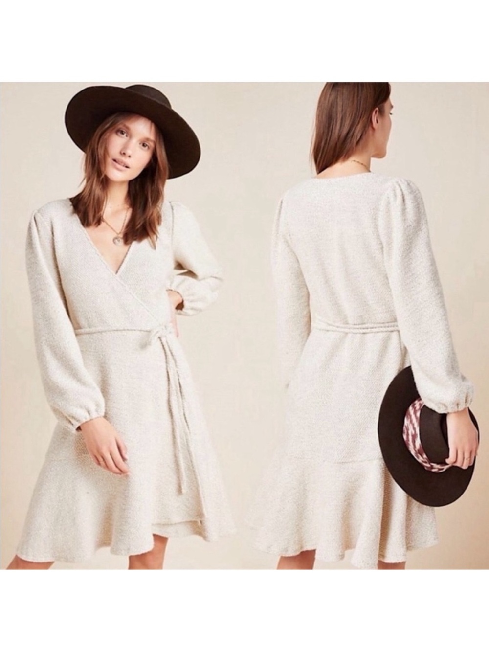 Anthropologie Cream Wrap Tie-Waist Long Sleeve Dress